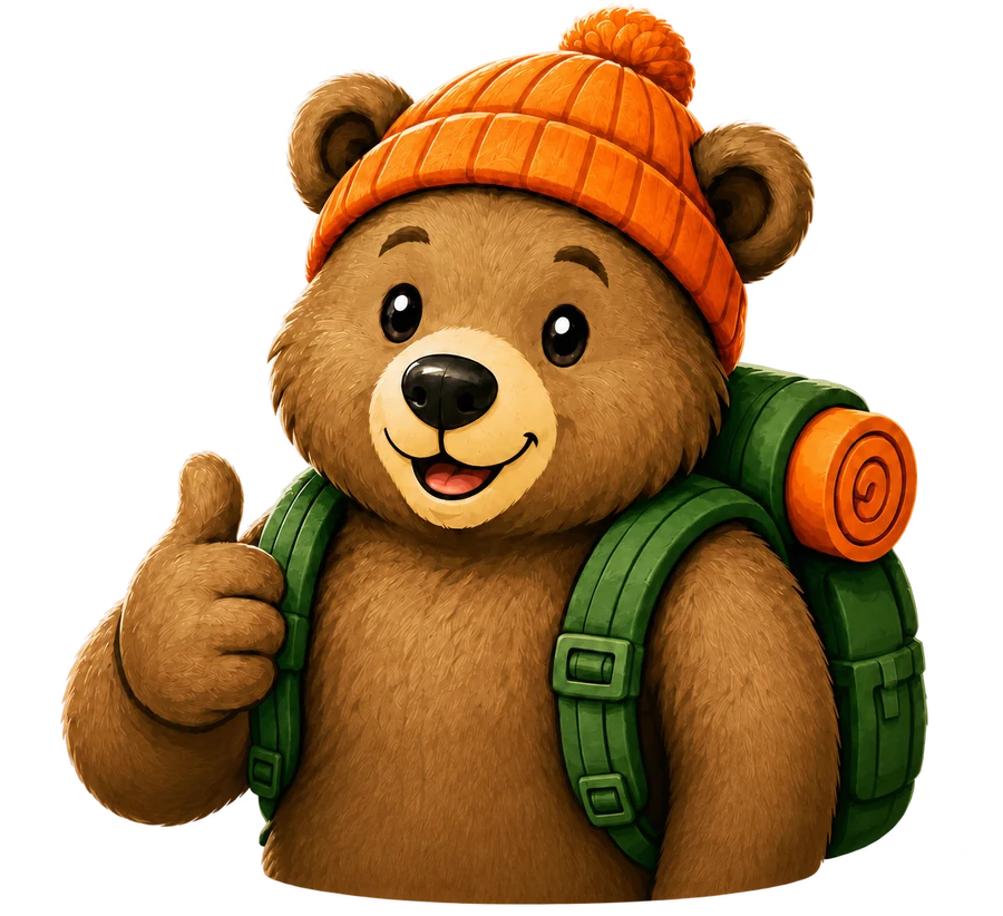 Banjo, CampCircle’s friendly bear guide, ready for an outdoor adventure
